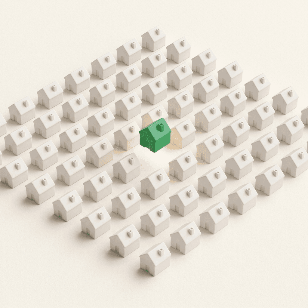 A grid of identical white model buildings with a single green one lifted above the rest