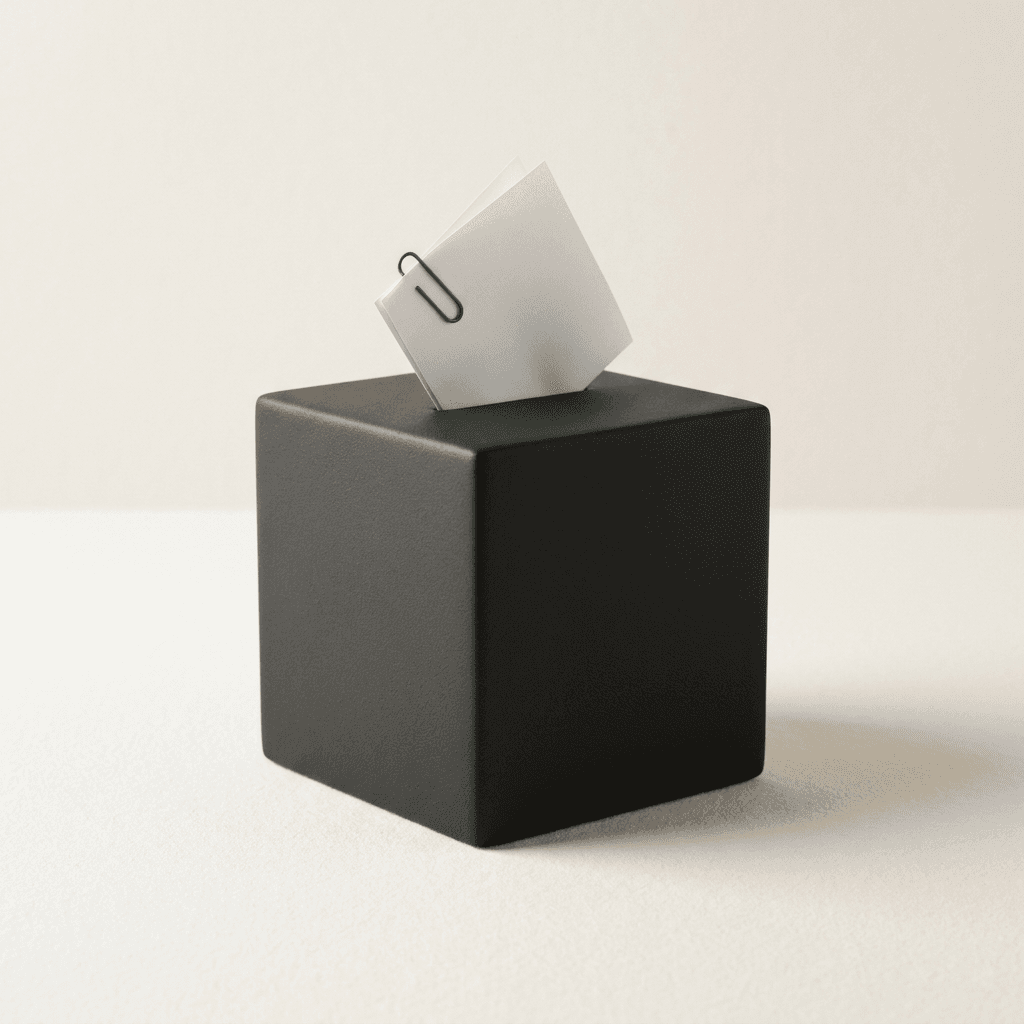 A sealed black box with a single white document being inserted through a slot