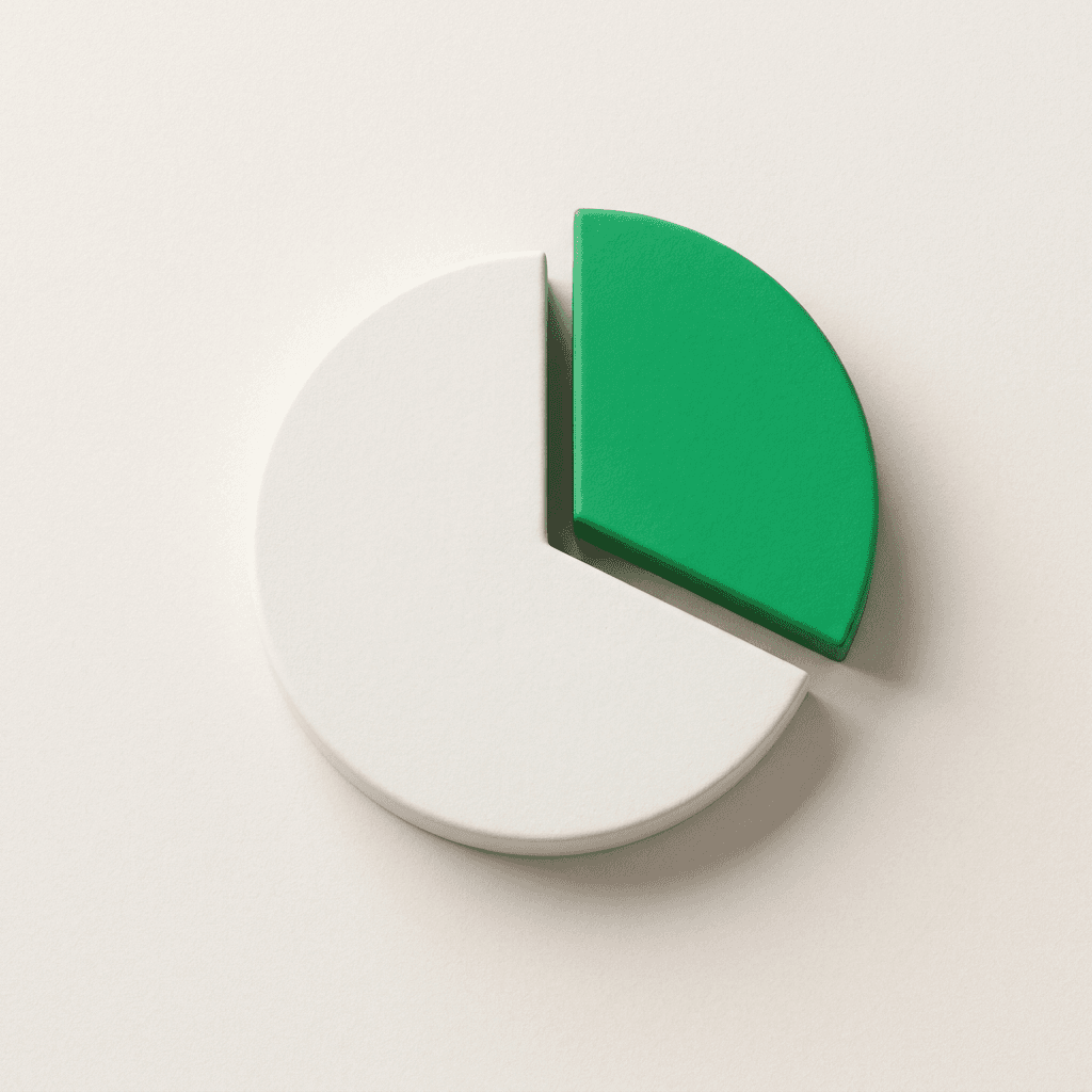 A white ceramic pie chart with a large green slice pulled away from it