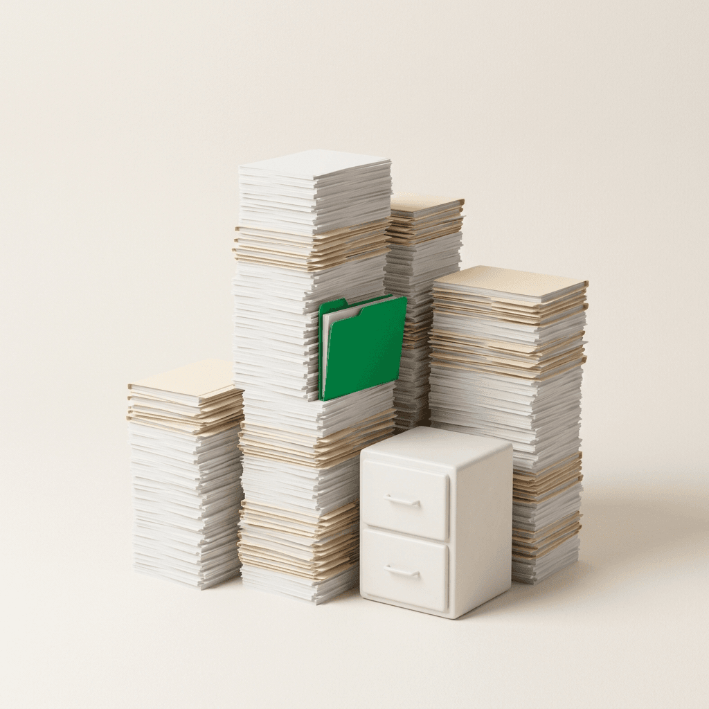 Towering stacks of paper and file folders with a single green folder standing out