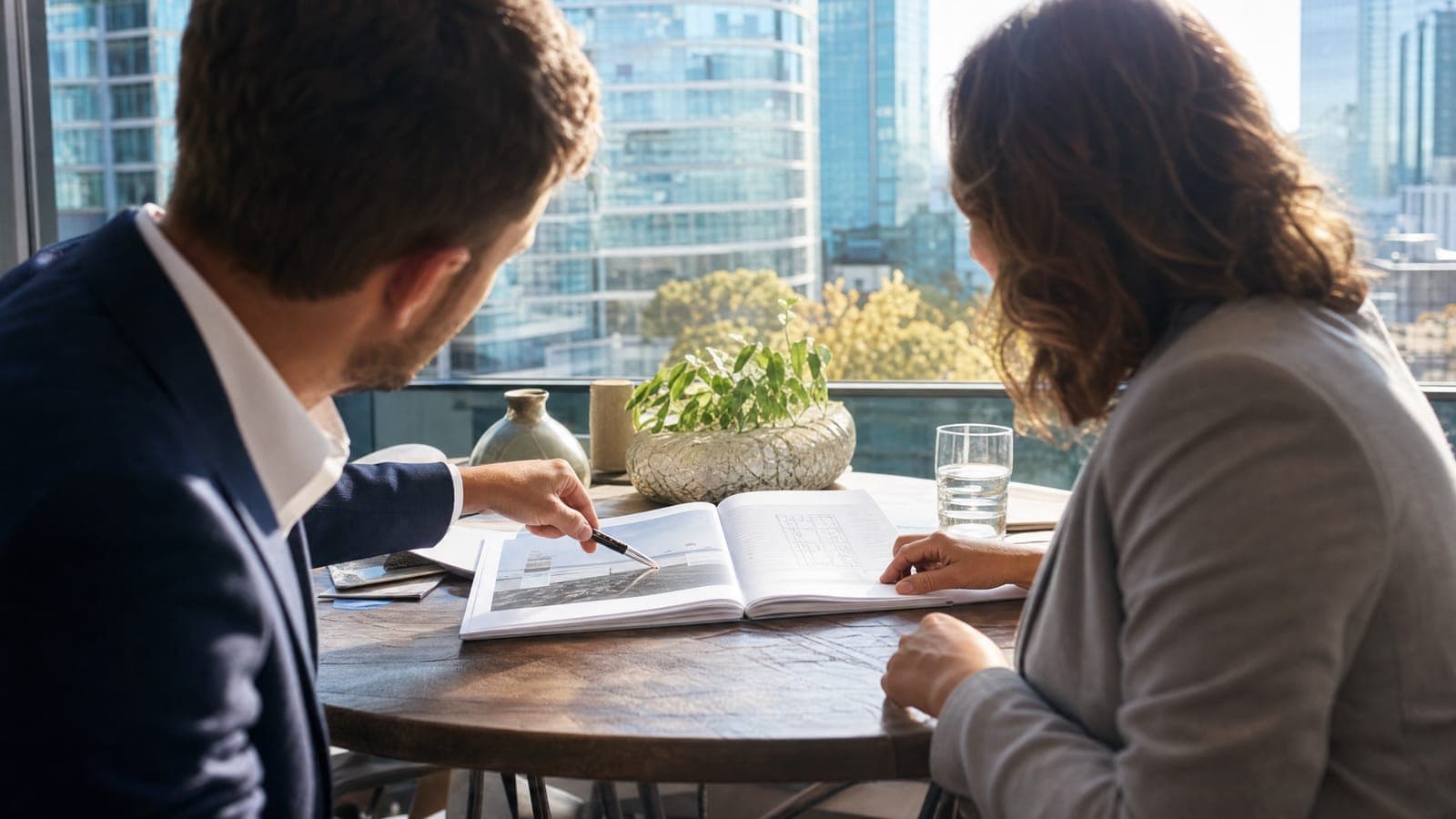 Two people reviewing a property document together at a table overlooking sunlit towers