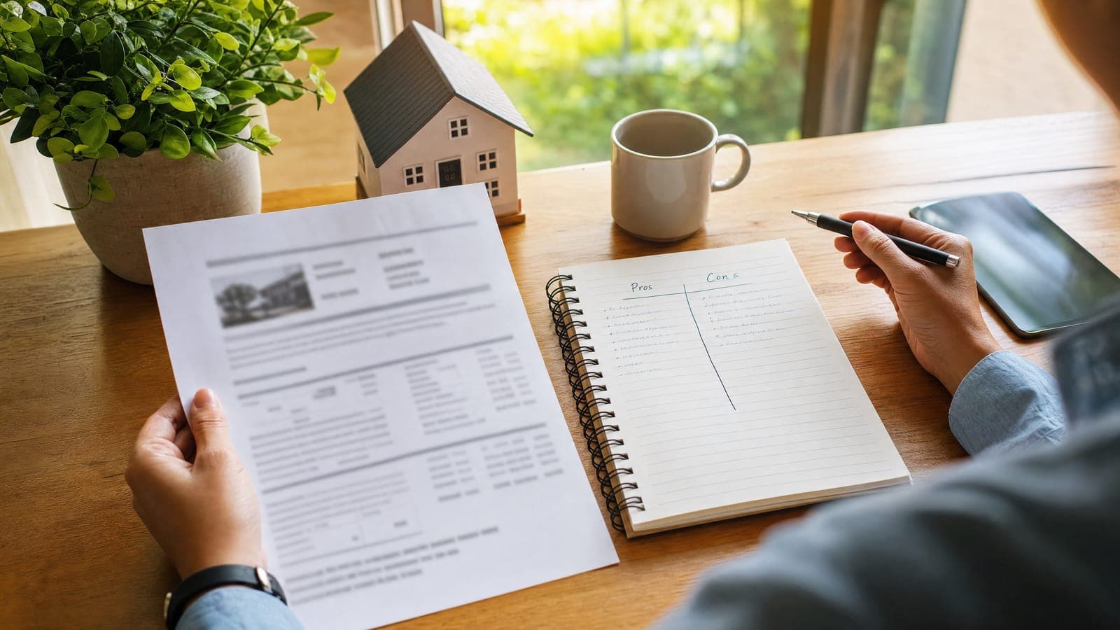 A person weighing a decision with an assessment document and a pros-and-cons list at a bright desk