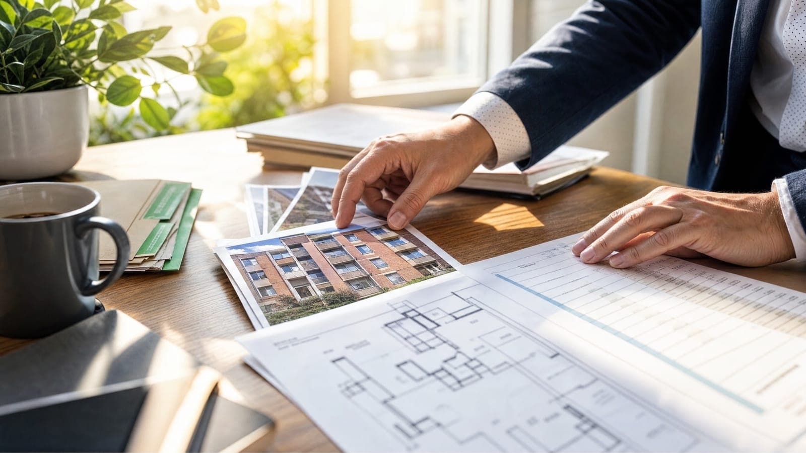 Hands arranging building photographs, a floor plan and a rent ledger on a sunlit desk