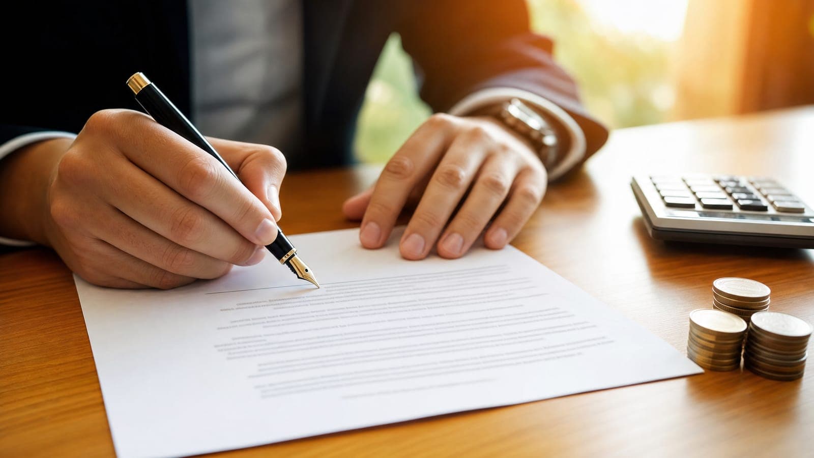 Hands signing a service agreement with a fountain pen, a calculator and stacked coins beside it