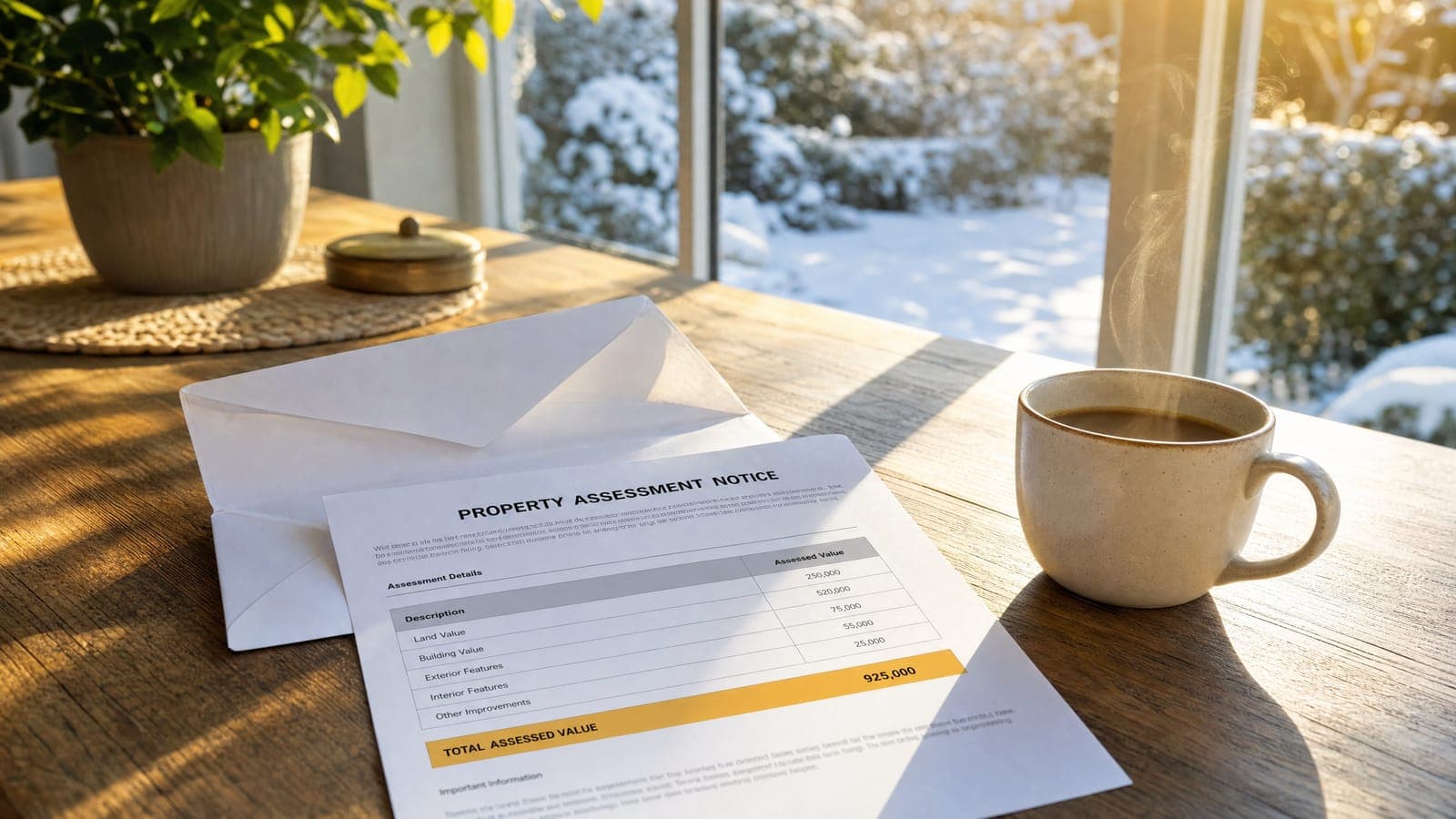 An opened property assessment notice on a sunlit kitchen table, coffee beside it and a snowy garden outside