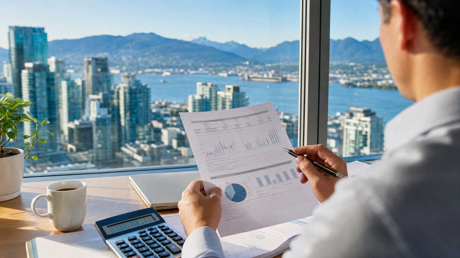 A person reviewing a financial report at a window overlooking downtown Vancouver, the harbour and the North Shore mountains