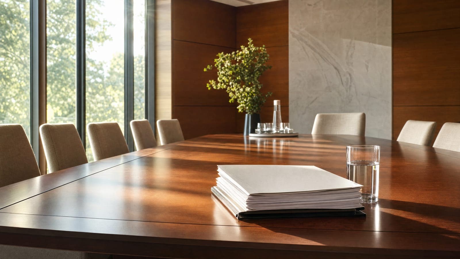 A sunlit meeting room with a long wooden table, documents and a water glass set at one seat